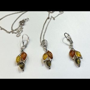 925 Sterling Silver Baltic Amber Necklace and Earrings Set